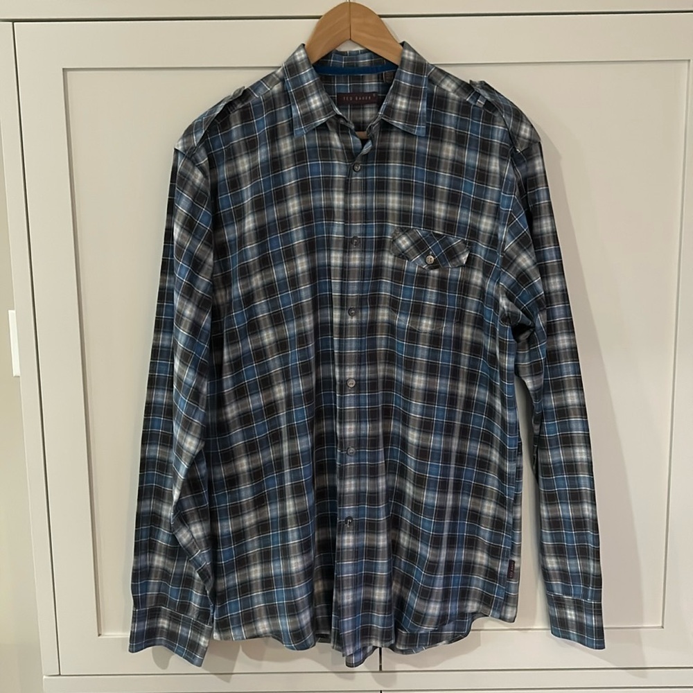 Ted Baker Shoulder Straps Plaid Long Sleeves Collared Shirt Size 5 (Large)